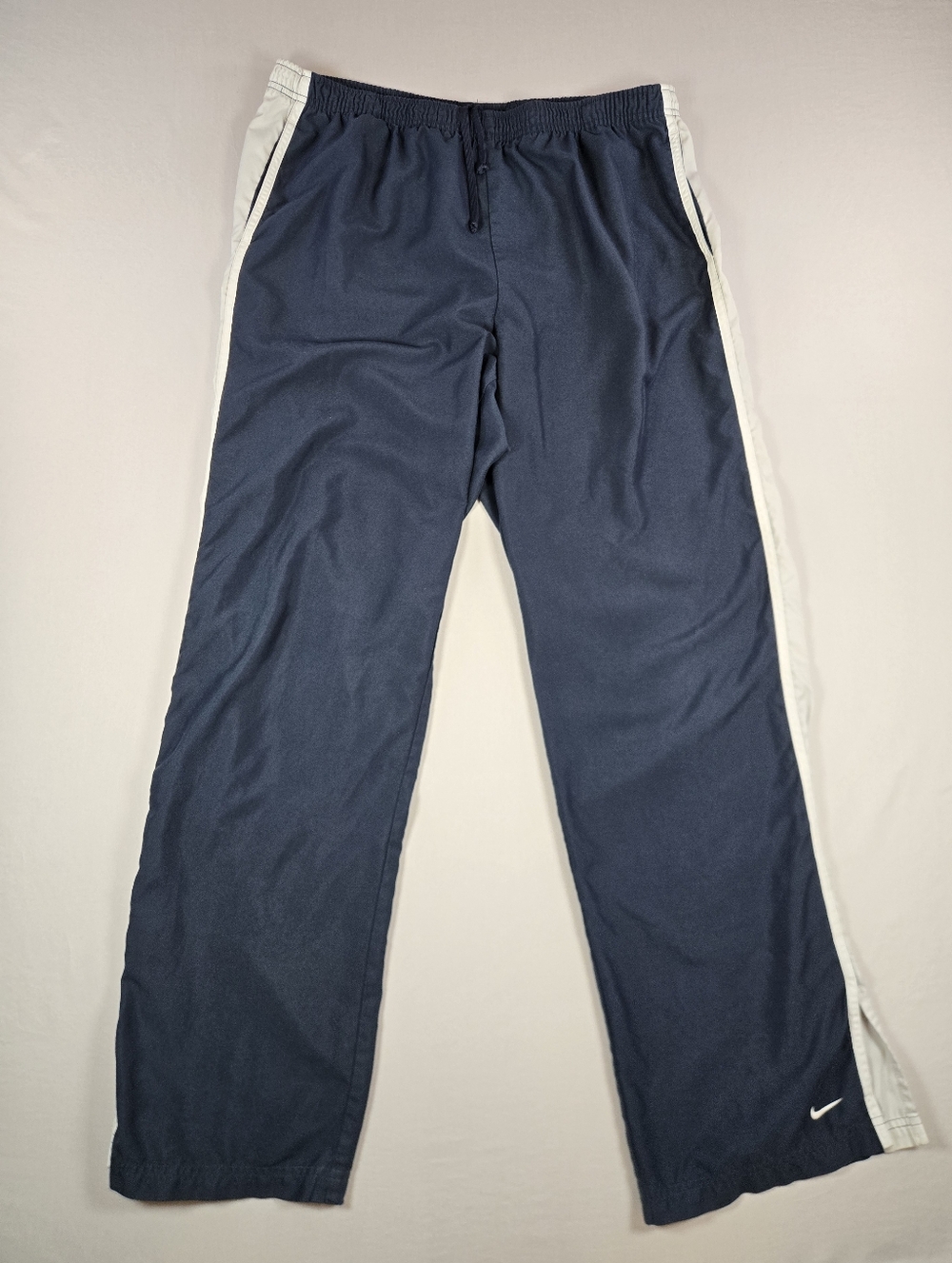 Vintage 90s Nike Gray Tag Navy Blue White Stripe Track Pants XL Relaxed Fit